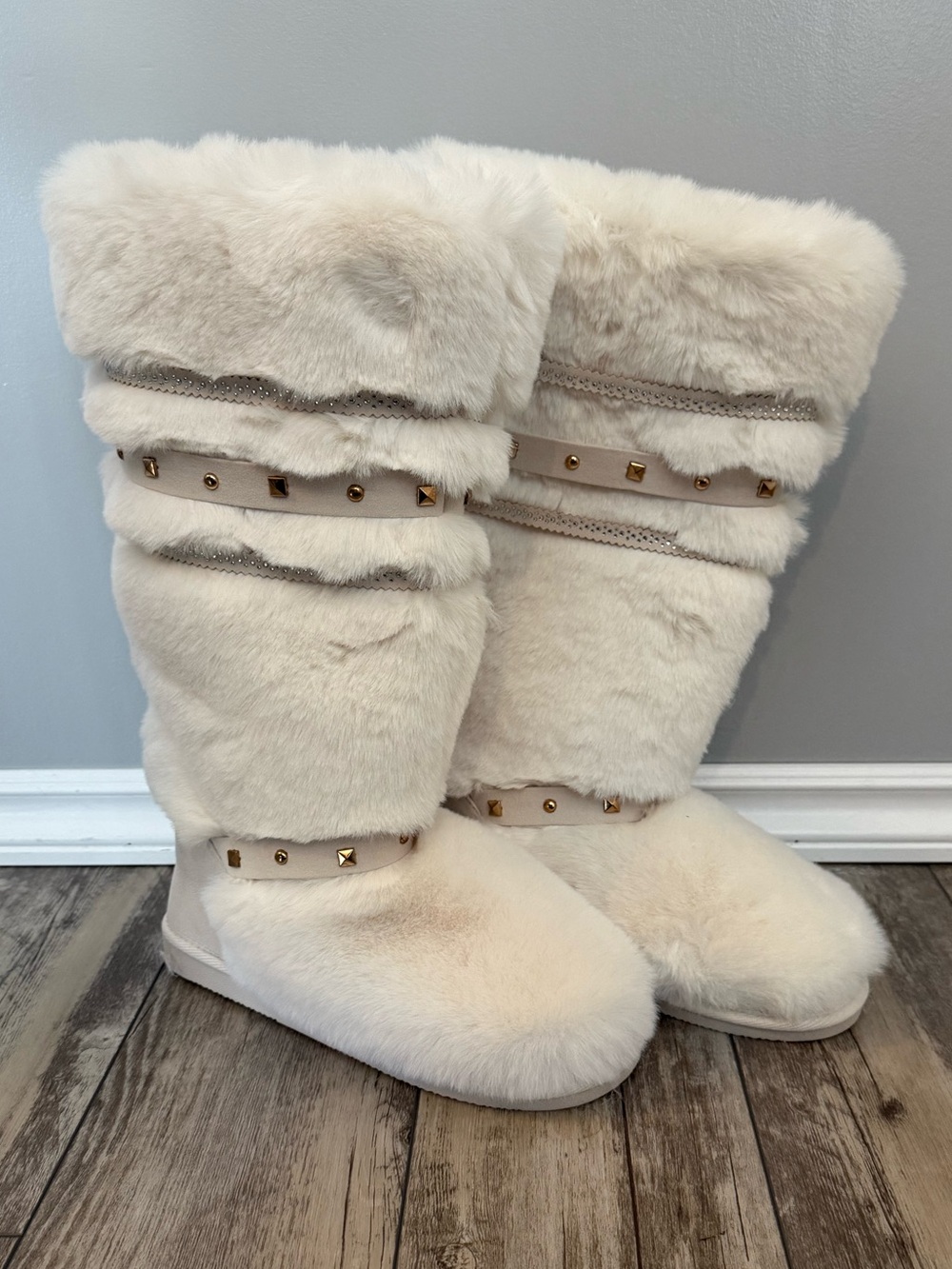 JustFab Cream Faux Fur Studded Winter Boots